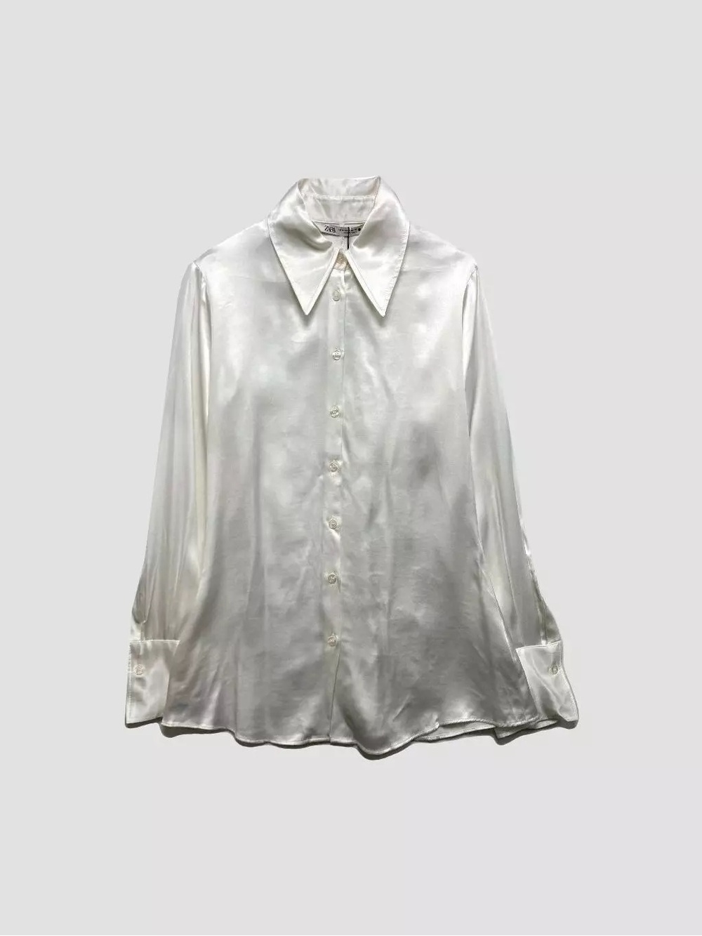 Zara Ecru Satin Tailored Fit Button-Up Shirt